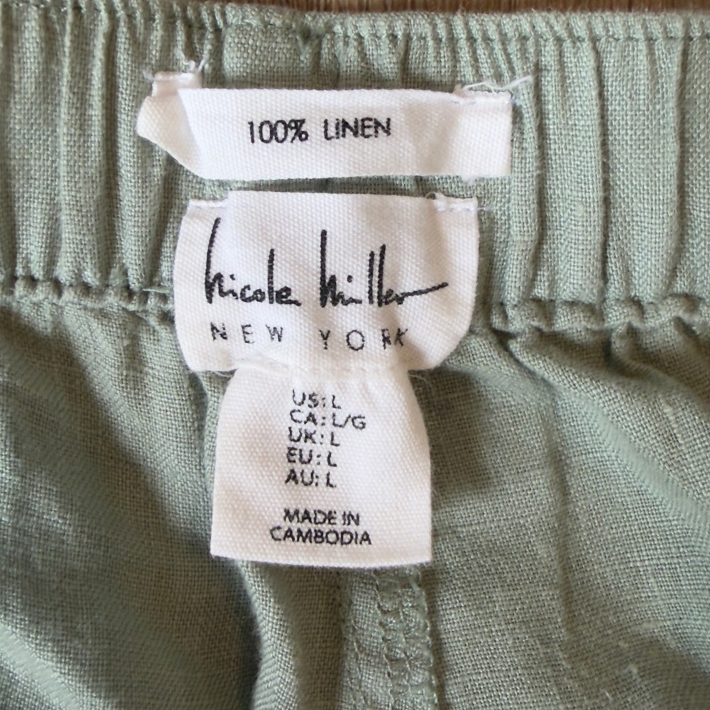 Nicole Miller 100% Linen Cargo Pants Sage Green Breathable Joggers Womens Large - Picture 6 of 9